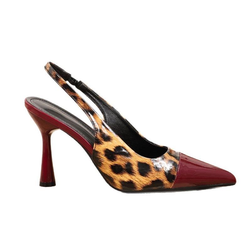 Back Empty Bag Head Sandals Women's New Sexy Pointed High Heels Fine Heel Leopard Print Women's Single Shoes