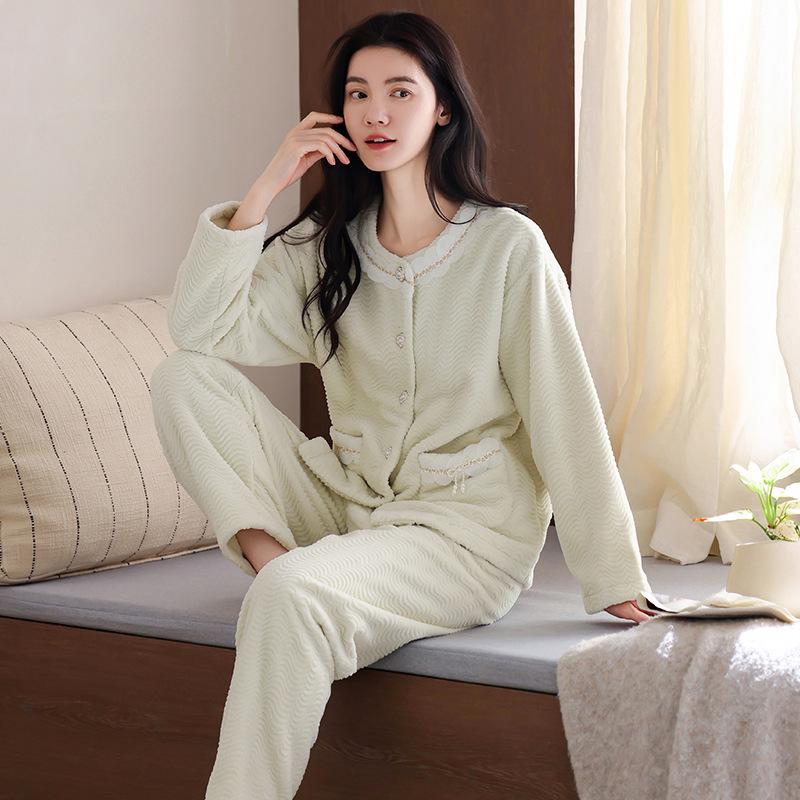 Coral fleece pajamas women's new cardigan round neck fleece thickened winter flannel can be worn outside loungewear set