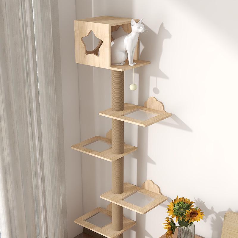 Wandmontierter Katzenbaum aus Massivholz: Kapselregal, Kratzbaum, Kletterplattform & Bett