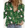 Christmas Women's Wear Casual Relaxed-Fit Button-Down Shirt Christmas Tree And Santa Claus Print Stylish Collared Shirt