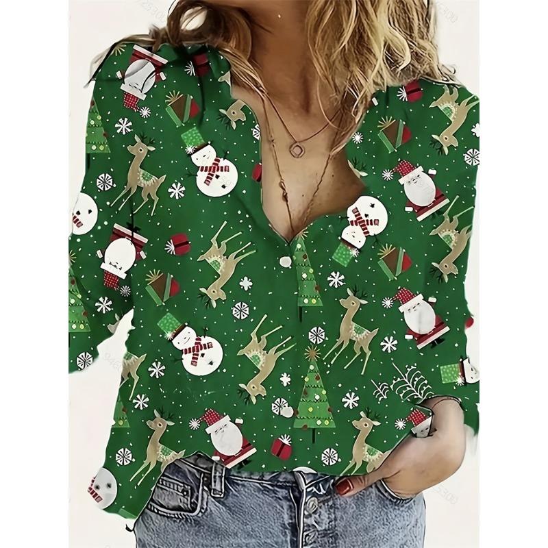 Christmas Women's Wear Casual Relaxed-Fit Button-Down Shirt Christmas Tree And Santa Claus Print Stylish Collared Shirt