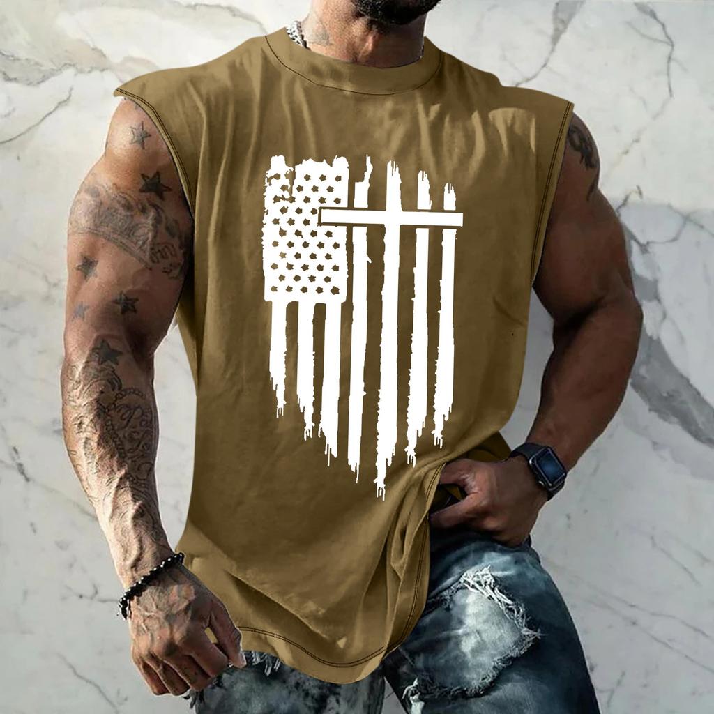 Summer Men's Solid Color Printed Sweat-absorbing Breathable Shoulder Expanding Sleeveless Vest