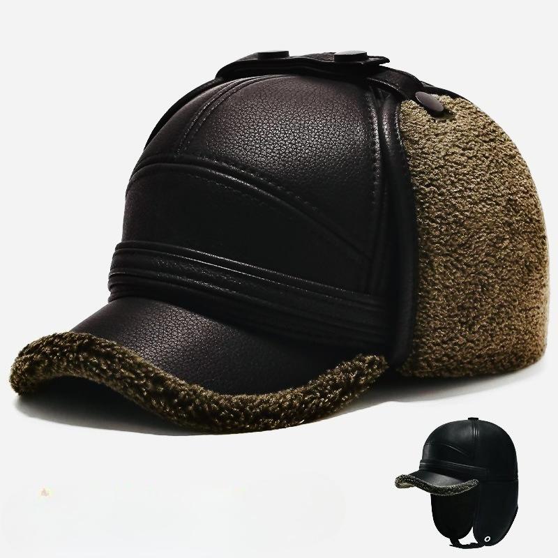 High Quality  Winter Leather Hat Men Fur  Warm Thick Earflaps Bomber Hats Men's Baseball Cap Russian Hat