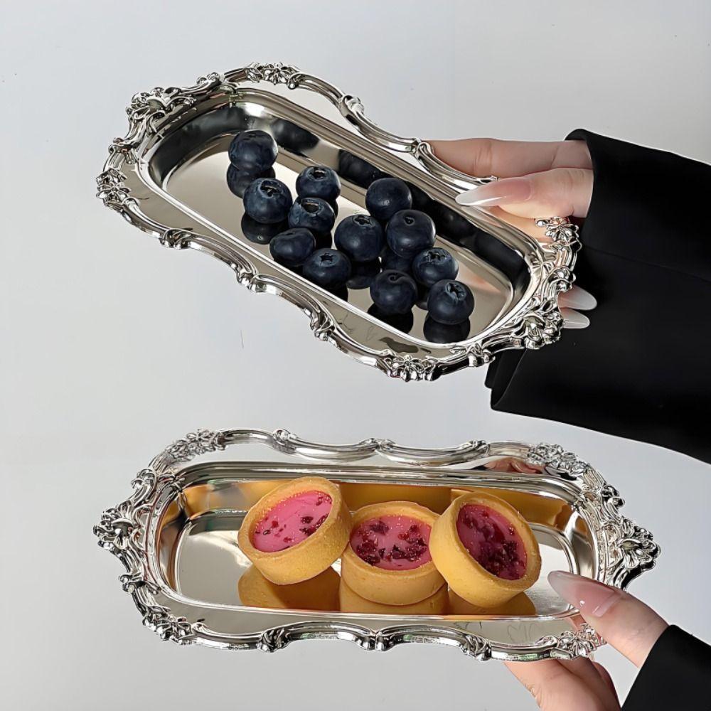 Embossed Dessert Plate Stainless Steel Jewelry Storage Plate Vintage Cake Tray  Home Decoration