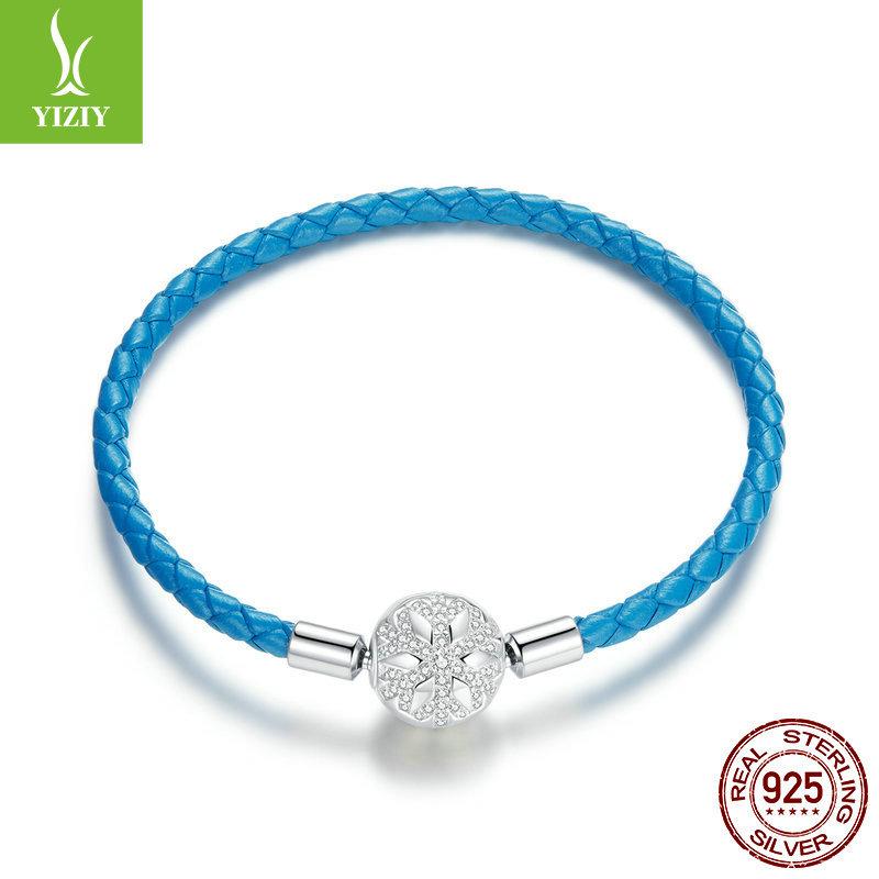 

Новый браслет из серебра 925 пробы с синим кожаным шнурком, базовая одинарная цепочка, плетеный браслет из ПУ кожи, ювелирное изделие Scb196 19cm