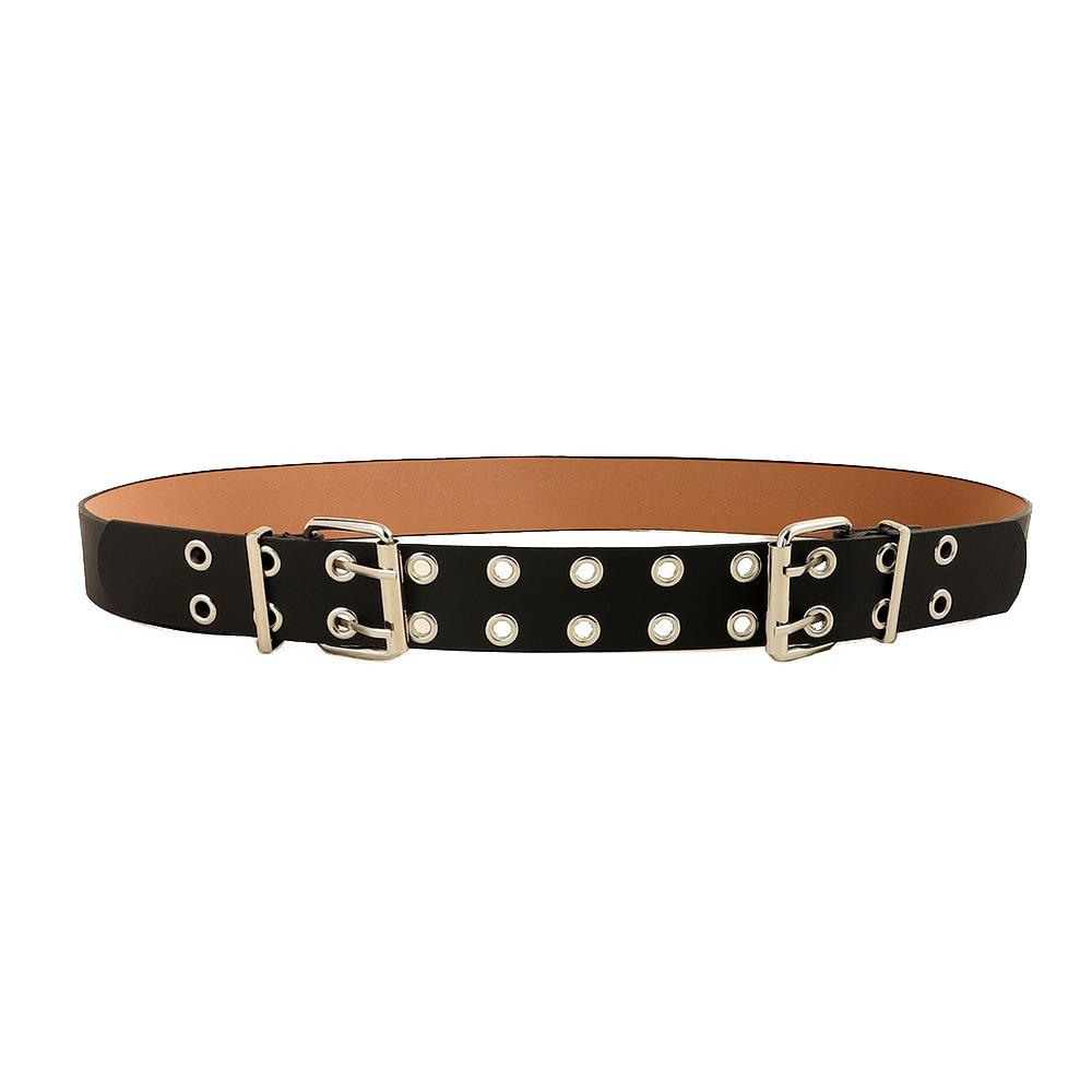 Round Eyelet Gothic Leather Belt Transparent Double Pin Buckle Waistband Rivet Belts  Men Women