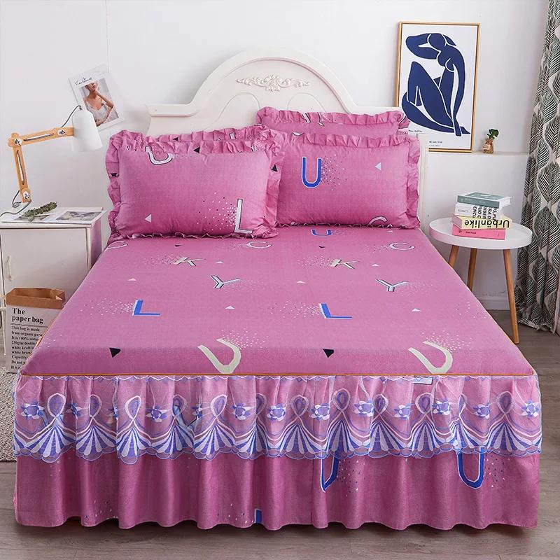 1PC Printed Bedding Set Lace Trim  Heightening Bed Skirt Pillowcase Set Anti-slip Mattress Cover Soft Comfortable Cotton Double
