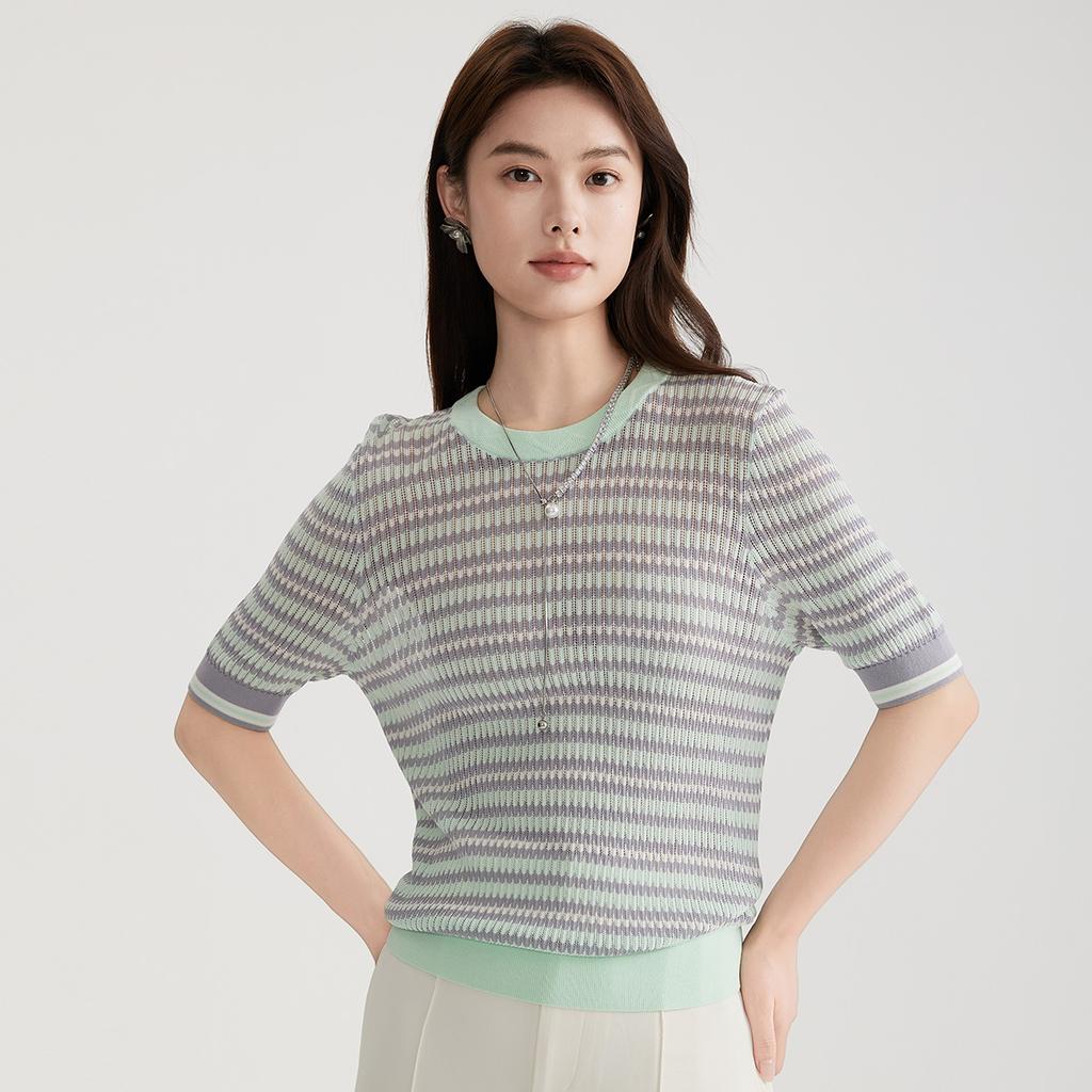 Women's Contrasting Striped Short-Sleeved Thin Knit Shirt