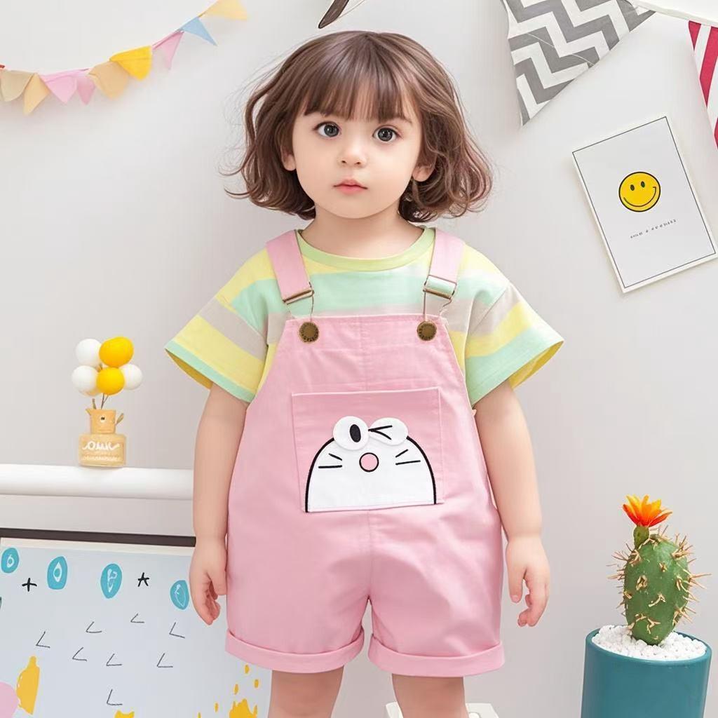 Children's set, cartoon overalls for boys and girls, striped two-piece set, summer fashion, trendy children's clothing