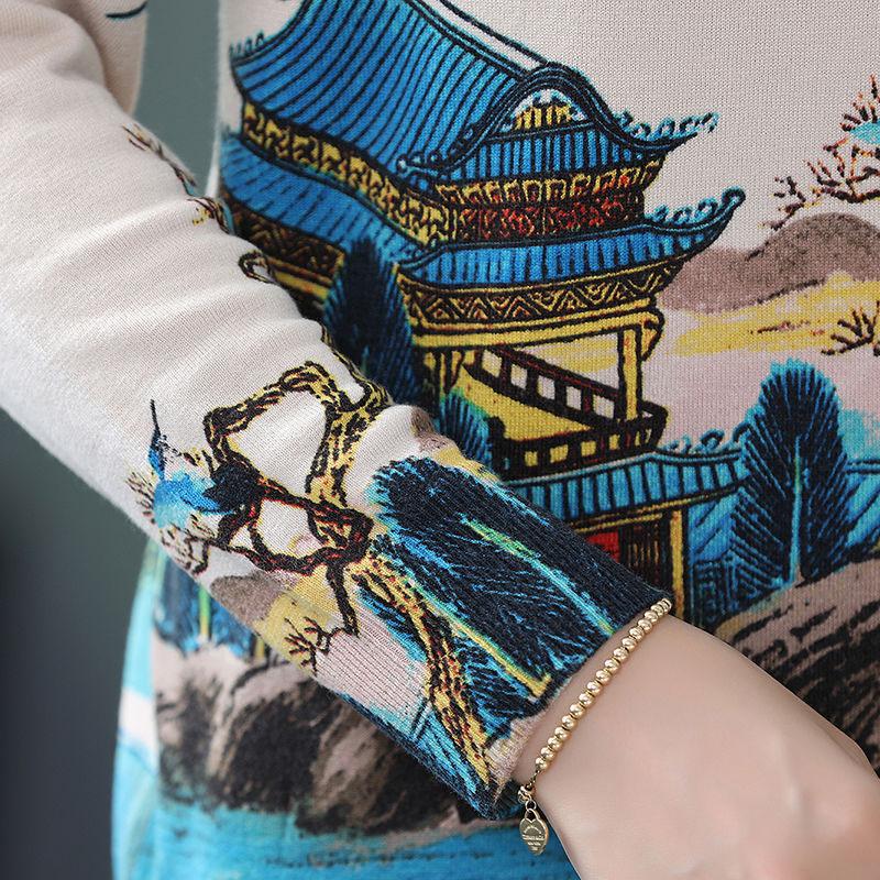 Pulover de lână imprimat 3D de toamnă iarnă Pulover de lână vintage tricot cu fundul cald cu amestec de lână de dimensiuni mari Topuri