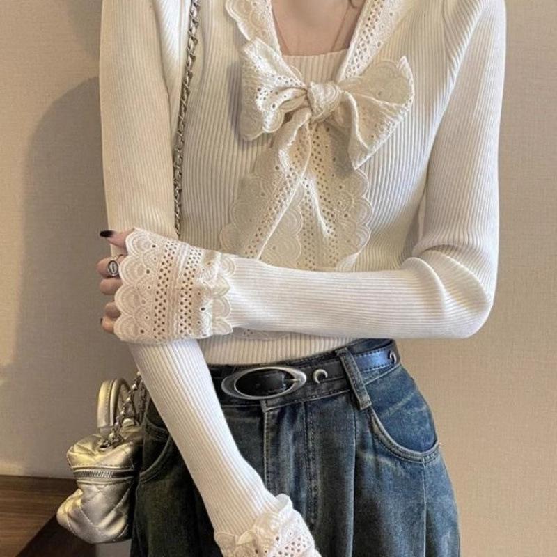 French Ribbed Design Autumn Winter Slimming Lace Trim Base Shirt
