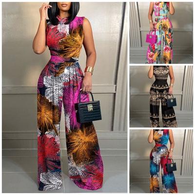 Summer Casual Plus Size Wide Leg Jumpsuit Women Rompers Pants Slim Fit Printed Sleeveless Women's Playsuits Vintage Loose Ladies Bodysuits 24484