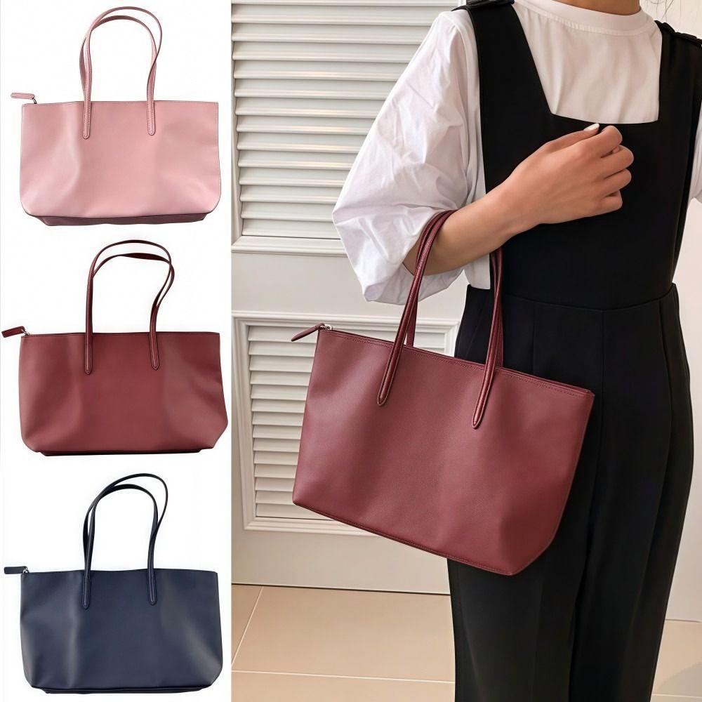 Simple Elegant Women's Shoulder Bag Zipper Closure Soft Commuting Tote Bag PU Leather Large Capacity Casual Handbag