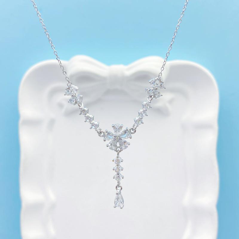 S925 Sterling Silver Floral Necklace with Water Drop Tassel - Elegant and Versatile Design for Women S925 Silver