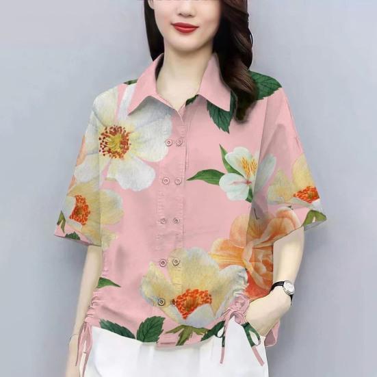 Women Casual Shirt Side Drawstring Shirt Sleeve Flower Pattern Lapel Short Double Breasted Loose Fit