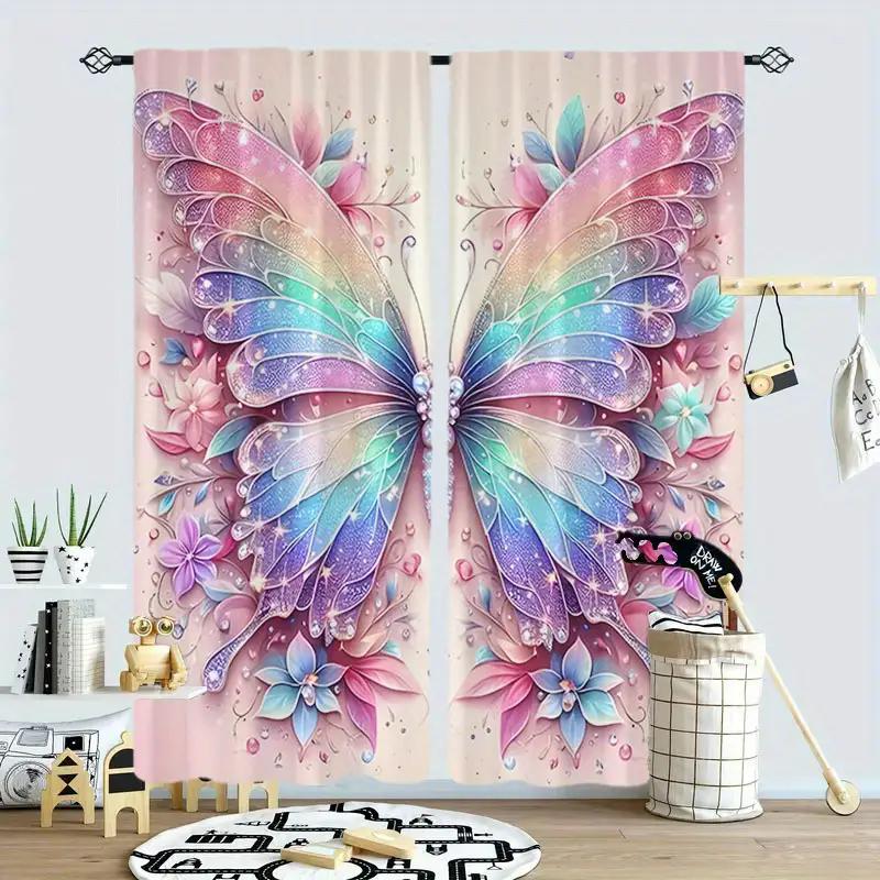 2PCS- Elegant Colorful Butterfly-printed Curtains   Pole Bag Curtains   Bedroom and Living Room   Home Decoration   Room Decoration