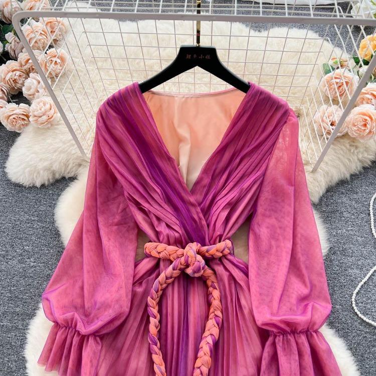Fashion Bohe Women Mesh Party Long Dress V Neck Long Sleeves Gradient Lace Up A Line Sundress Pleated Maxi Dress