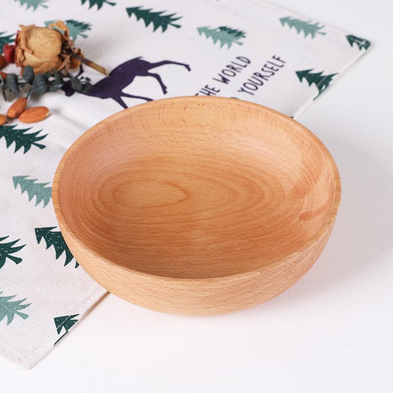 Multiple Sizes Eating Utensil Smooth Natural Beech Wood Salad Bowl Round Kitchen Tableware Household Fruit Bowl for Food Noodle