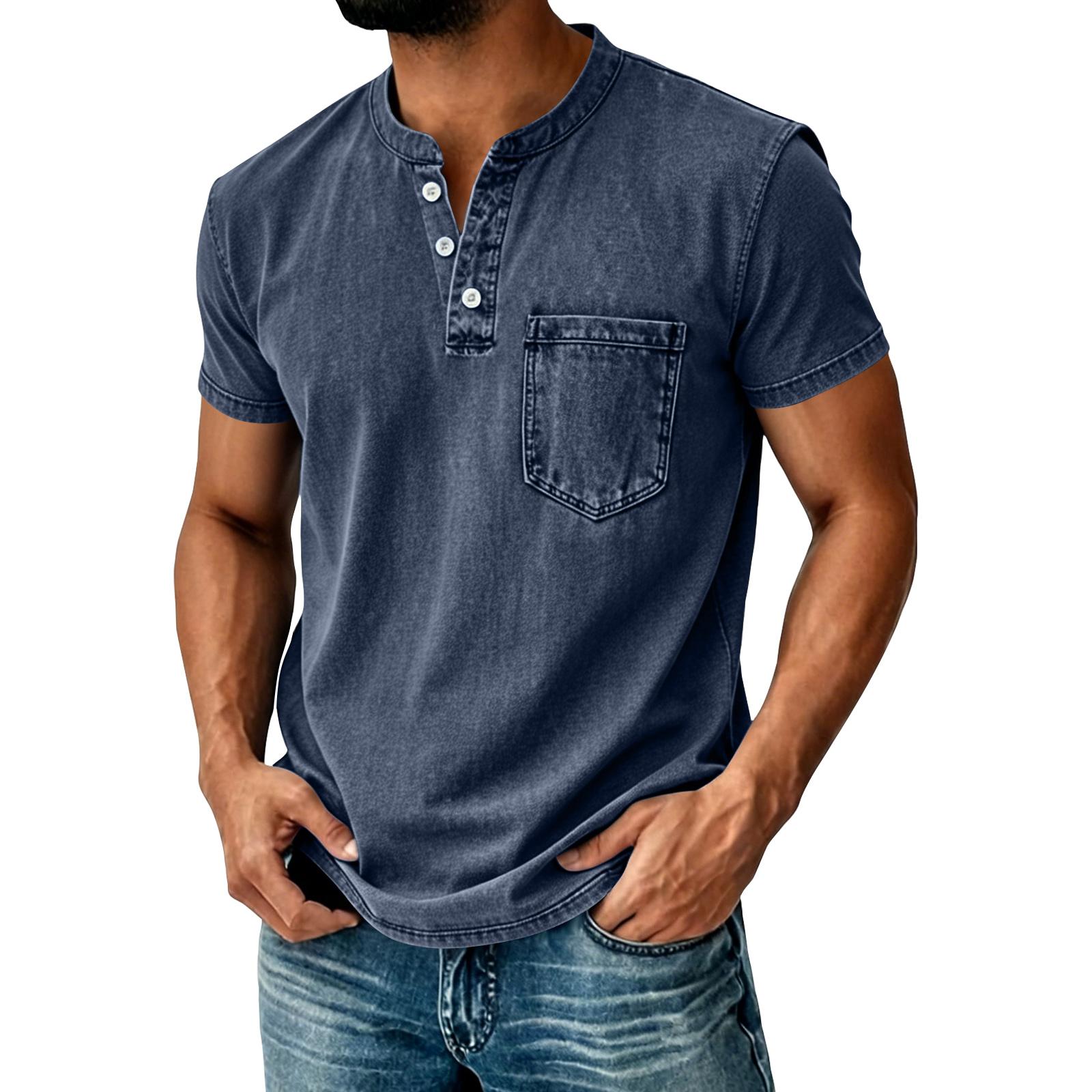 BILIBILIGAME Heren Henley T-shirt met korte mouwen en borstzak, casual pasvorm, knoopsluiting, katoenen top XL Vloot