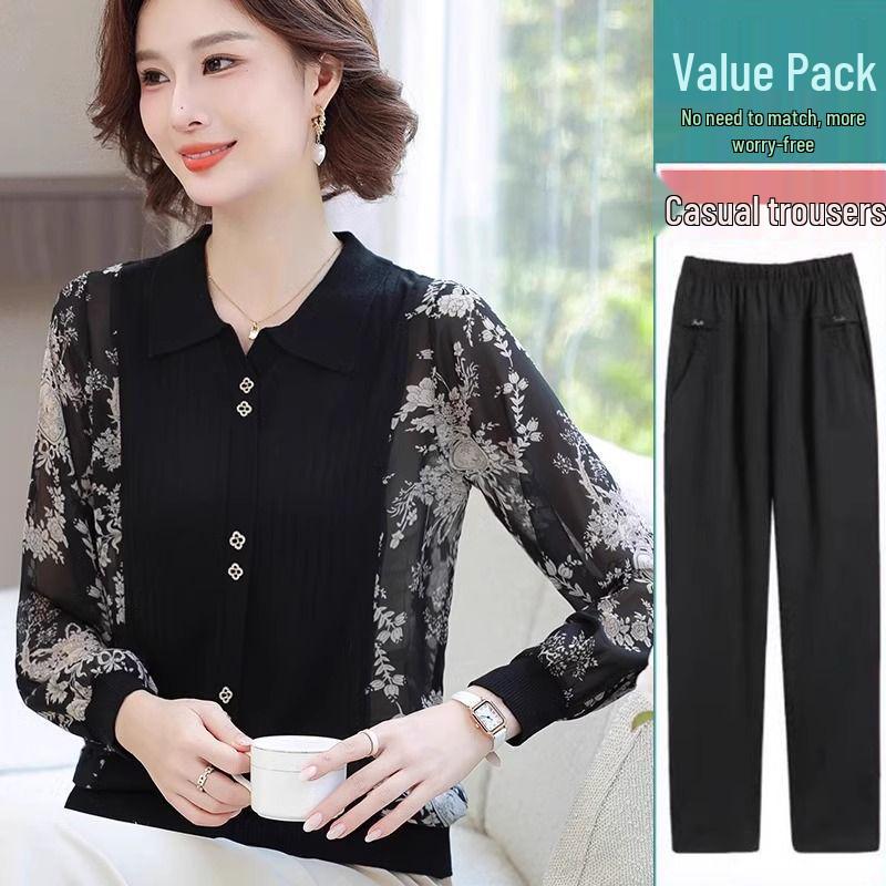 Frühling 2025 Damen Langarm Strick-T-Shirt mit Gazeärmeln für Mütter mittleren und höheren Alters