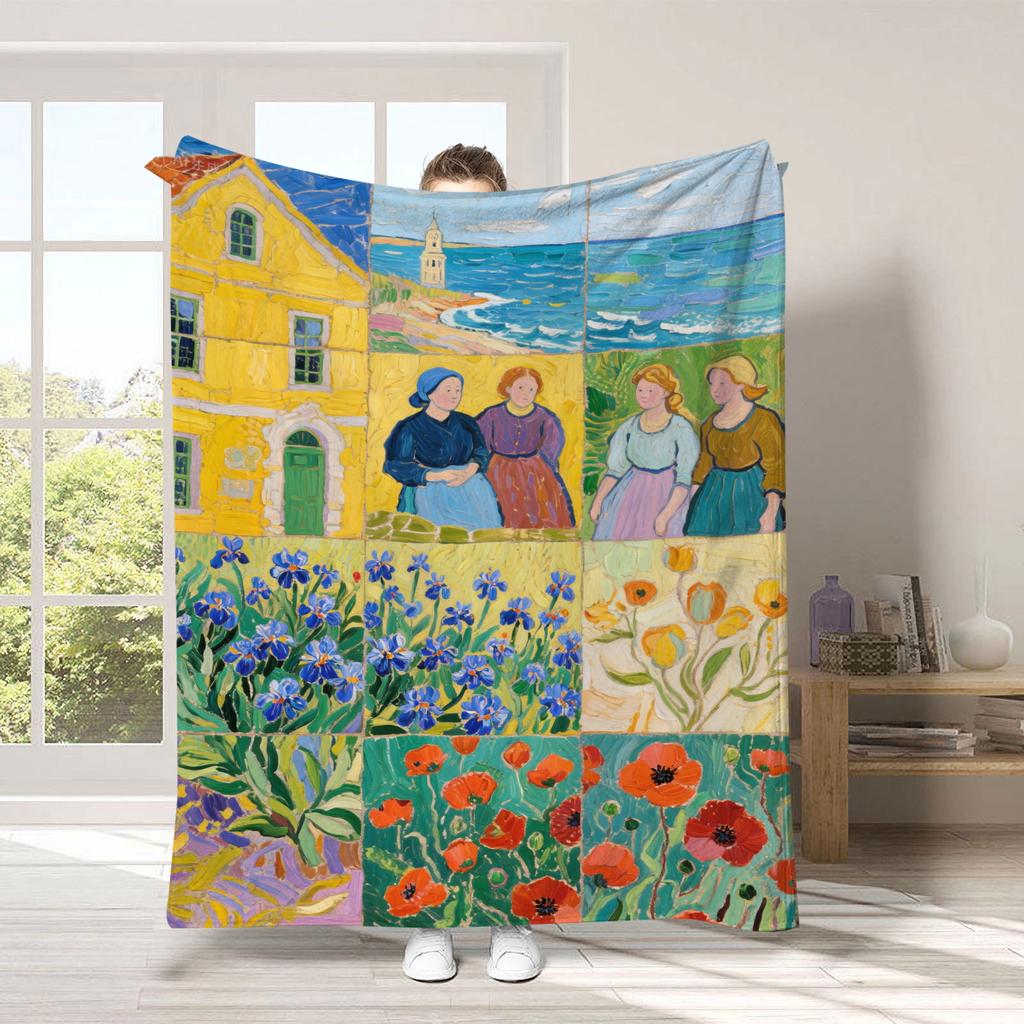 Van Gogh's Checkered Theme polyester Bedroom velvet flannel soft sofa cover blanket Fleece soft sofa cover blankets for beds