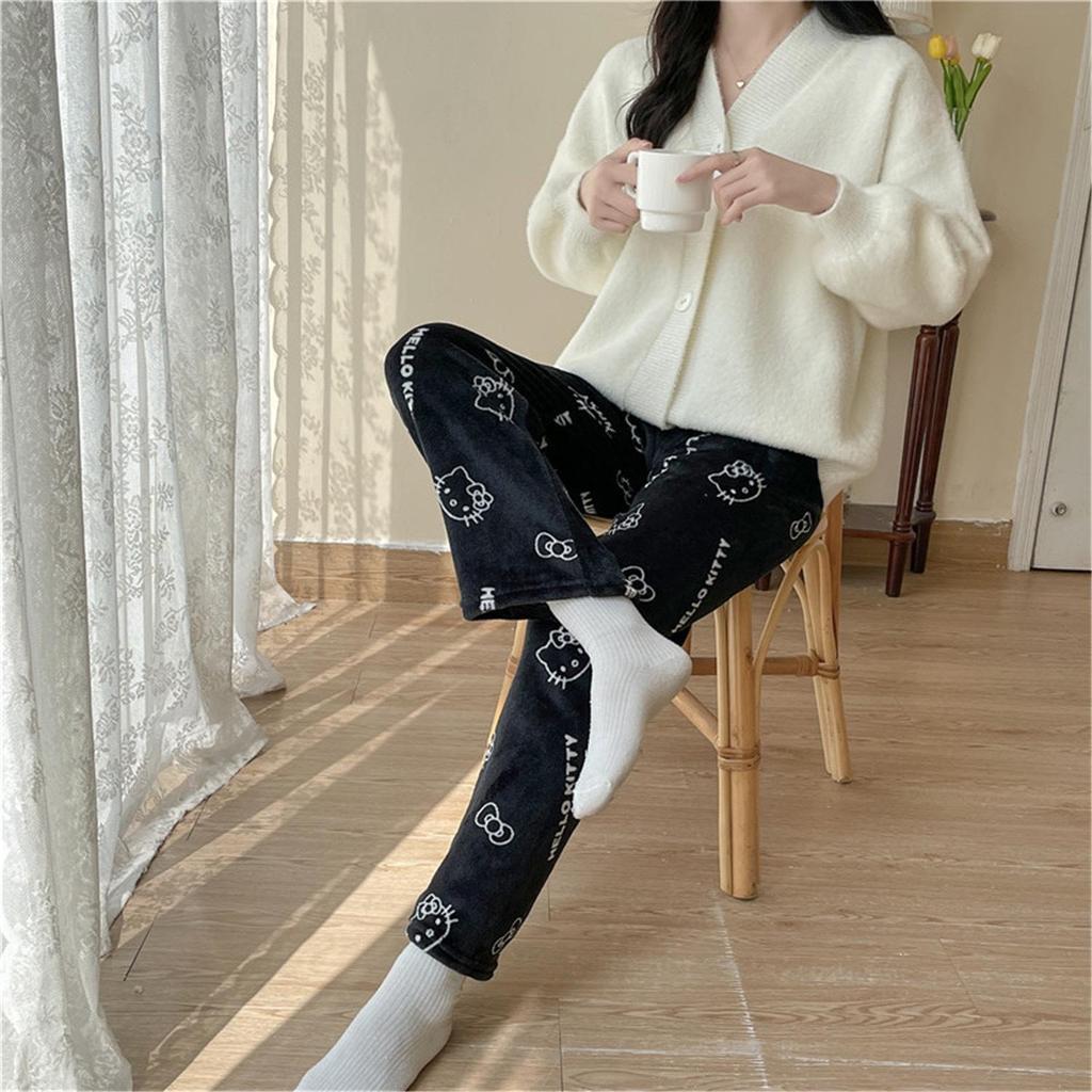 Women's Winter KT Cat Cartoon Flannel Sleep Pants - Thick, Warm, and Cozy for Home