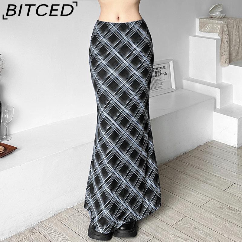 BITCED Summer Women's Solid-Color Slim-Fit Pencil Skirt Street Style High-Waisted Plaid Skirt