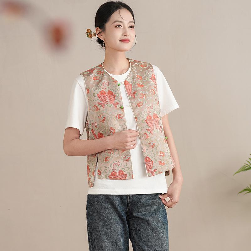 

Chinese Ethnic Style Gold Brocade Koi Embroidered Vest L