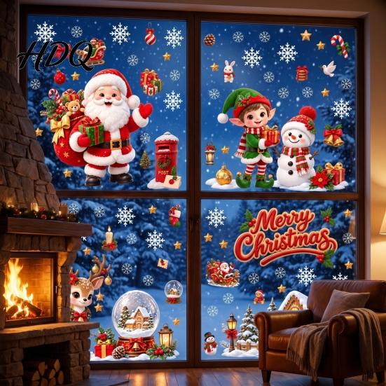 Decorative Glass Stickers for Christmas Window Cling PVC Waterproof Santa Claus/ Elf Snowman/Elk/House Stickers Reusable Film Holiday Home