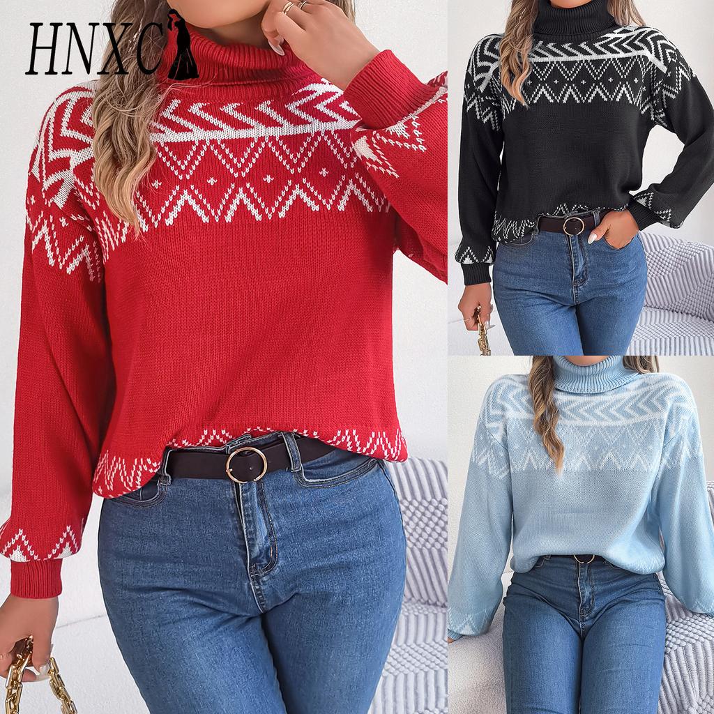 HNXC Autumn and Winter Ethnic Style Retro Jacquard Lantern Sleeve Pullover High-neck Sweater Women's Clothing