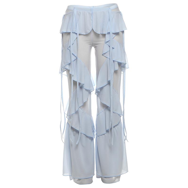 Women's High Waist Wide Leg Pants with Tiered Ruffled Hem In Beige