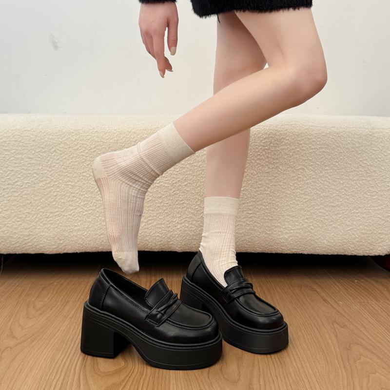 2026 New Spring Women Chunky Loafers Shoes Concise Thick Heel Shoes College Style Female Slip On Leather Single Shoes