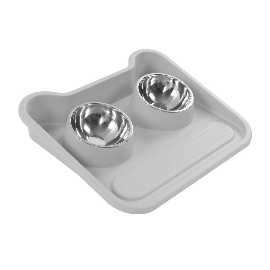 Cat Water Food Bowl 15 Degree Tilt Prevent Spill Stainless Steel Double Pet Bowl Set