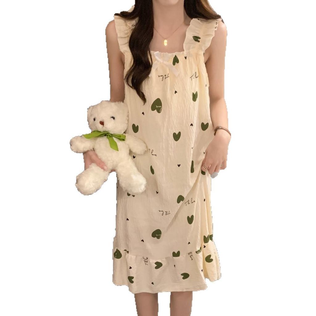 Cloud Cotton Pajamas Girl Summer Sweet Princess Style with Chest Pad Suspender Medium Length Loose Nightdress Loungewear Outside