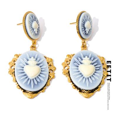 French Style Resin Heart Flower Drop Dangle Palace Earrings for Women Stainless Steel Fashion Vintage Jewelry Waterproof