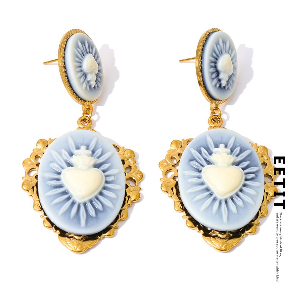 Eetit French Style Resin Heart Flower Drop Dangle Palace Earrings for Women Stainless Steel Fashion Vintage Jewelry Waterproof