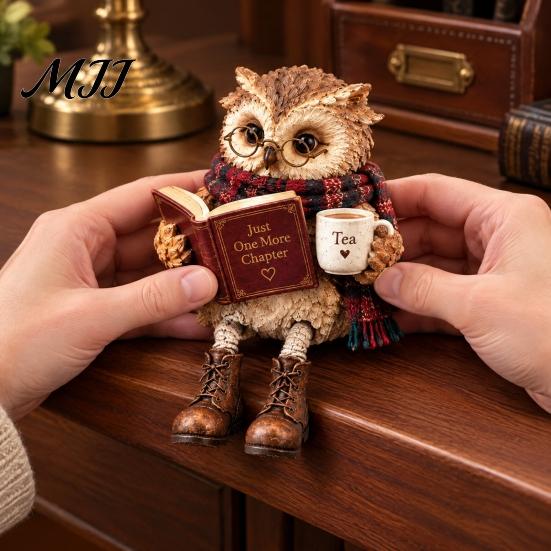 Resin Reading Owl Statue Book Lover Shelf Sitter Figurine, Statue, Whimsical Forest Animal Ornament Farmhouse Tabletop for Bookshelf Home Decor,