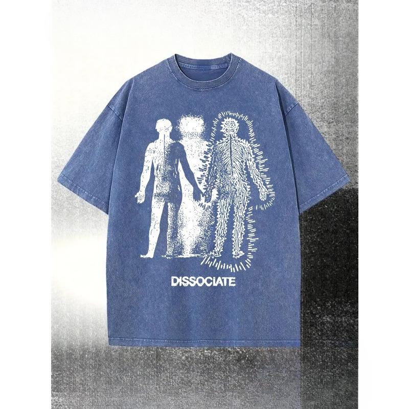 

European sizes Men s Washed T-Shirt with DISSOCIATE Dissociative Portrait Design - Loose Fit Vintage Distressed Style, Summer Round Neck Tee 5XL синій