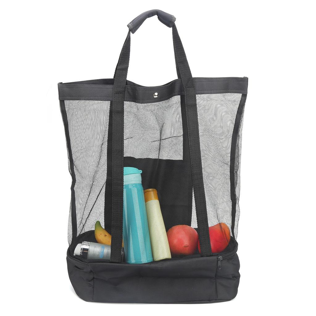 Camping Beach Mesh Tote Bag with Detachable Cooler Bag Multifunctional Packing OrganizerBlack