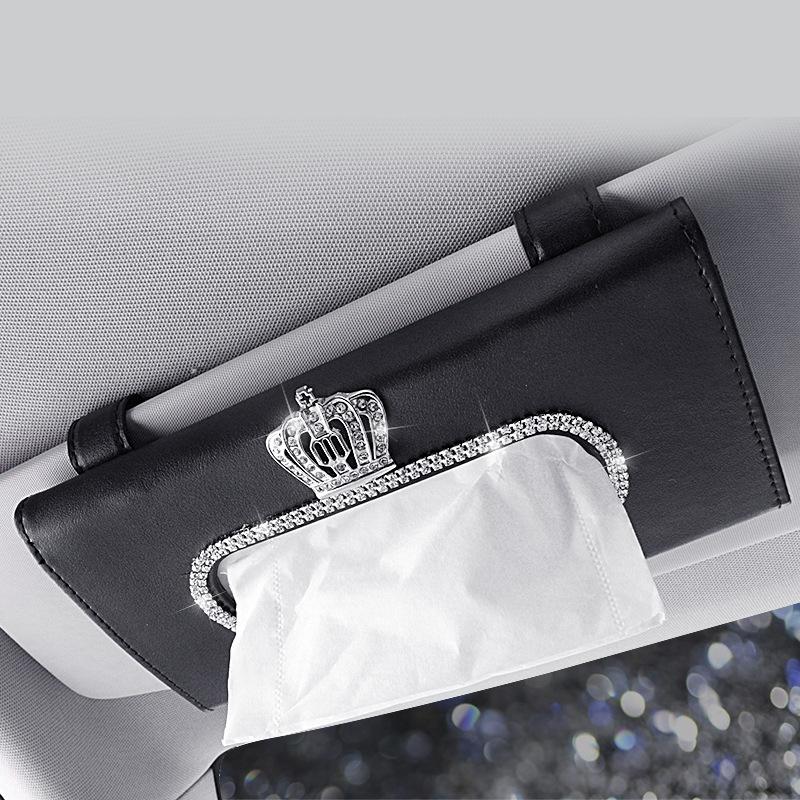 

Water Diamond Crown Sun Visor, Tissue Box Cover, Hanging Car Toilet Paper Cover, PU Leather Creative Car Accessories, High-end чёрный