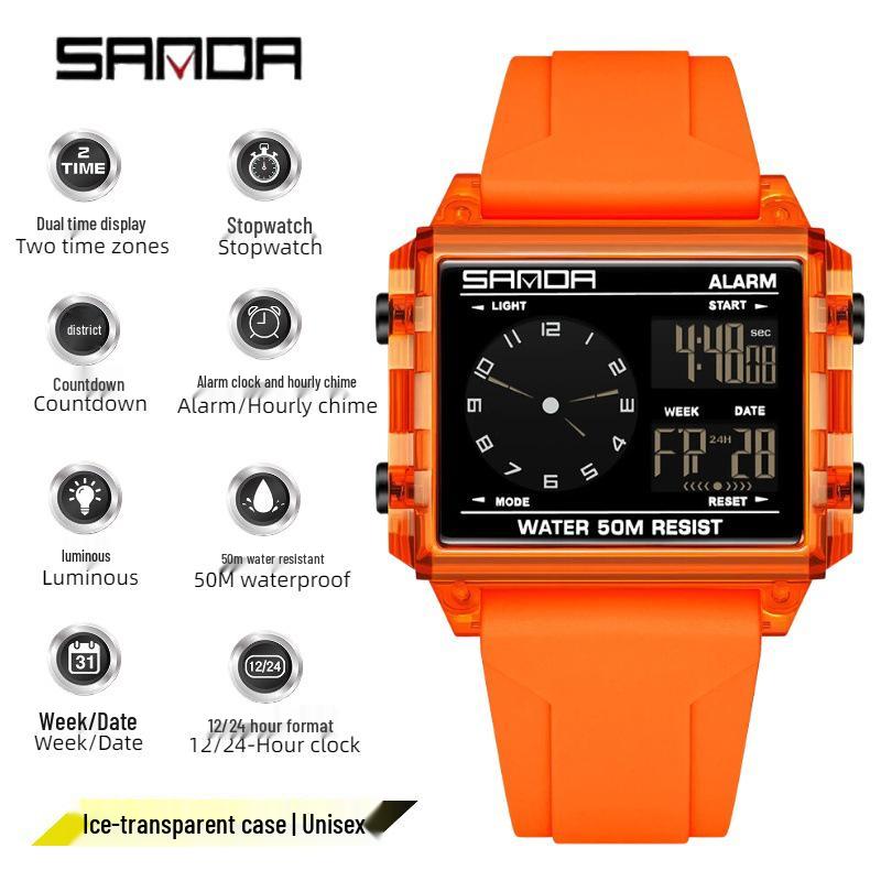 Sanda Dual Time Waterproof Transparent Sports Wristwatch with Colorful Single Display and Student Timer Function