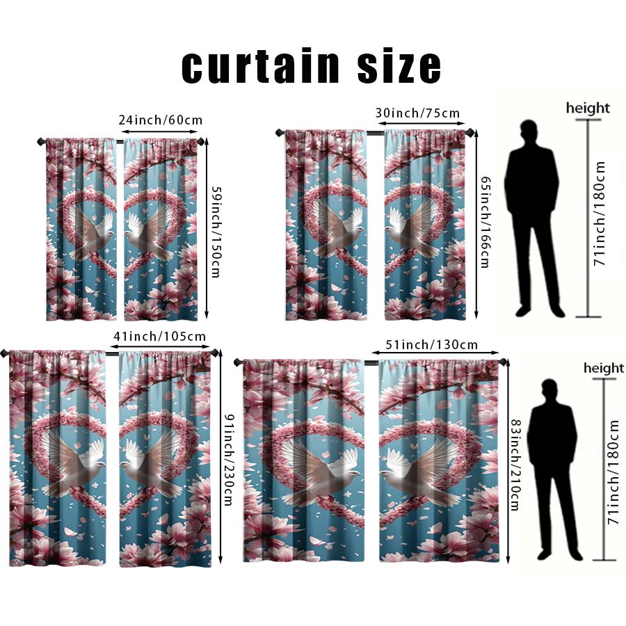 2PCS blue background pink flower white dove curtain   romantic spring view   bedroom and living room   drawbar pocket style
