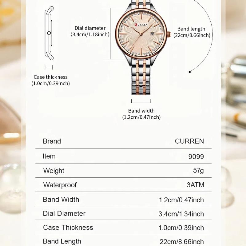 CURREN-Ladies' Luxury Rhinestone Inlaid Fashionable Business Quartz Watch Stainless Steel Simple Waterproof Luminous Calendar Watch