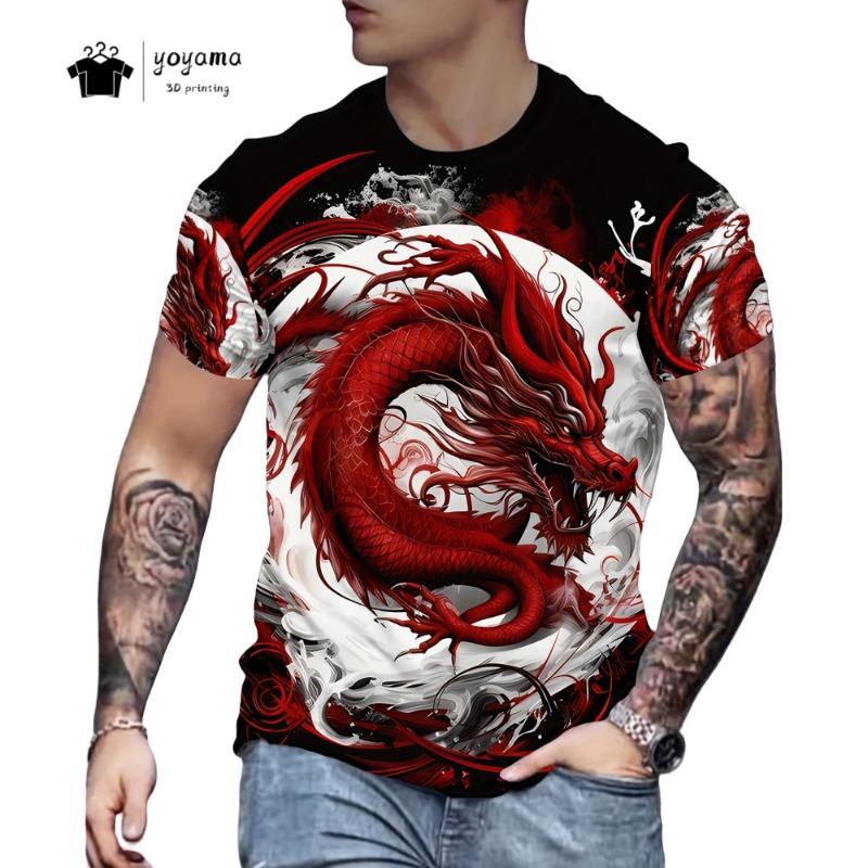 Herren T-Shirts Drachenmuster Kurzarm Tee Mode Straße Rundhals Oberteil Trend Tier 3D-Druck Locker Vielseitig Herrenbekleidung