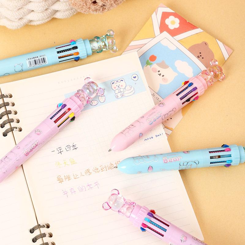 36Pcs with Box Kawaii Cartoon Crystal Bear 10 Color Ballpoint Pen Cute Multi Color Pen Gift Student School Stationery Oliday Gift Novelty Stationery T