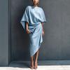 Women's French loose bat sleeves, linen skirt, pleated irregular wrap mid-length dress