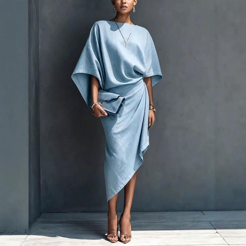 Women's French loose bat sleeves, linen skirt, pleated irregular wrap mid-length dress