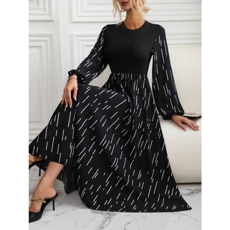 Autumn and Winter Women's Fashion Printed Tribute Crew-neck Dress