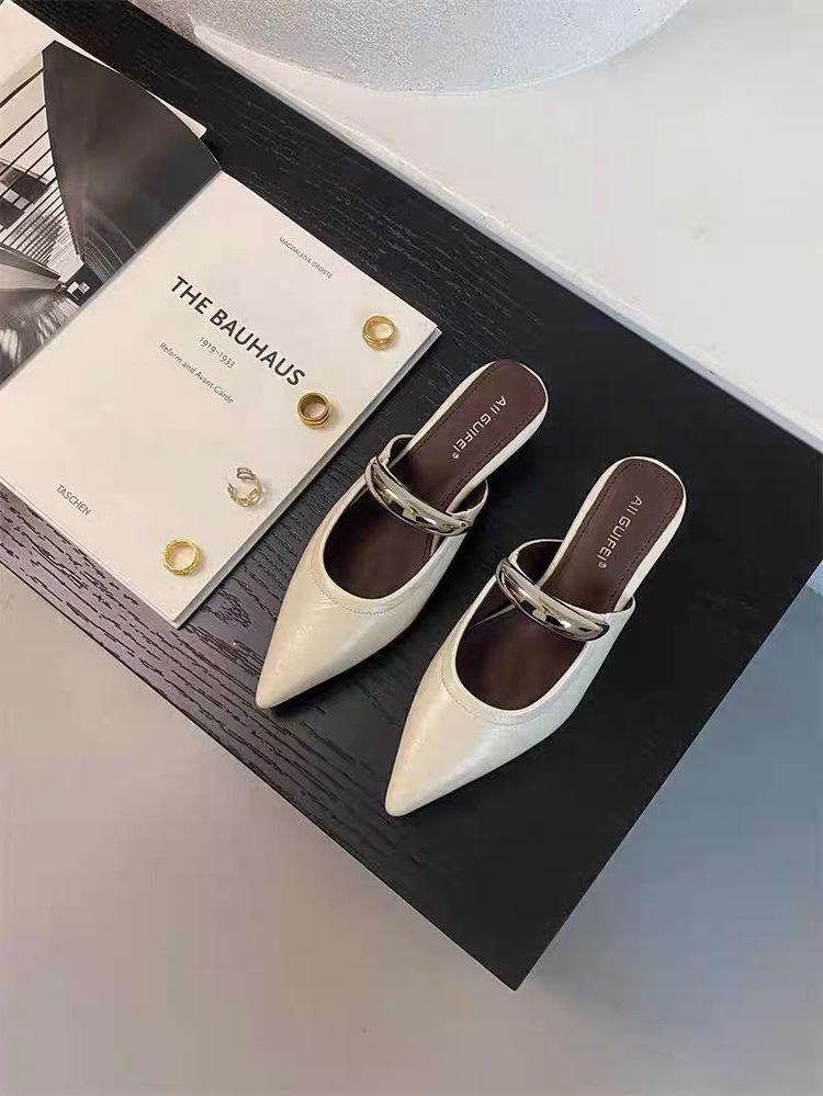 

Французские туфли-полушапки с металлическим небольшим наклонным каблуком, женские, 2025 г., новые туфли с юбкой, внутренняя высота увеличивается, острые, холодные тапочки 40