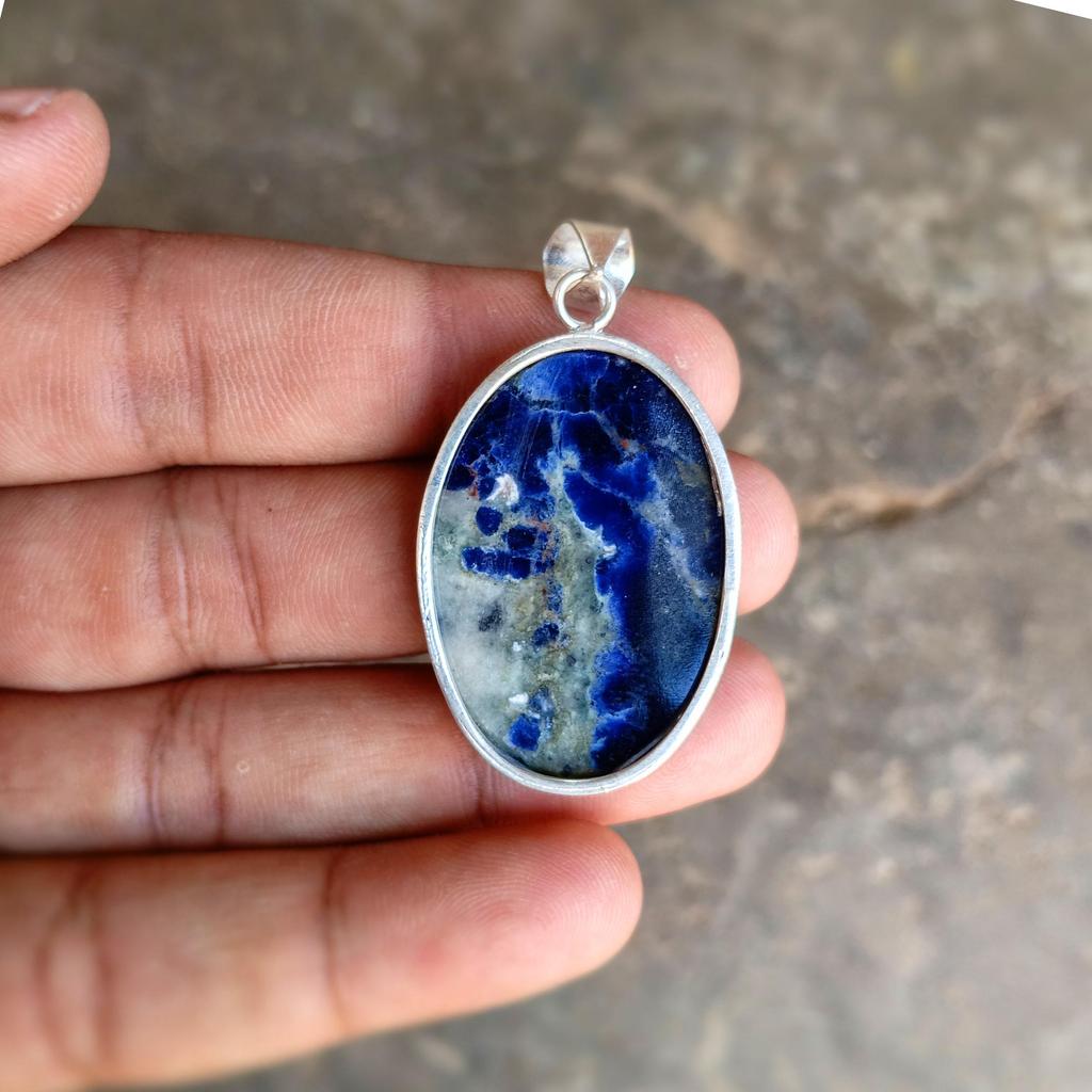 Natural Sodalite Gemstone Pendant, 925 Sterling Silver Plated Handmade Jewelry